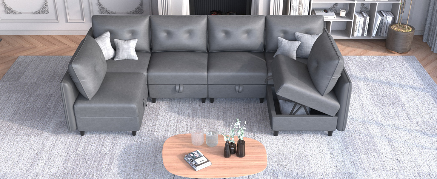 LLappuil Faux Leather Fabric Modular Sectional Armchair with Storage