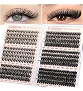 Two sets of 'Calphdiar DIY Lash Clusters' eyelash extensions displayed in clear cases. Top shows close-ups of green and brown eyes with applied lashes. Clusters vary in length and density.