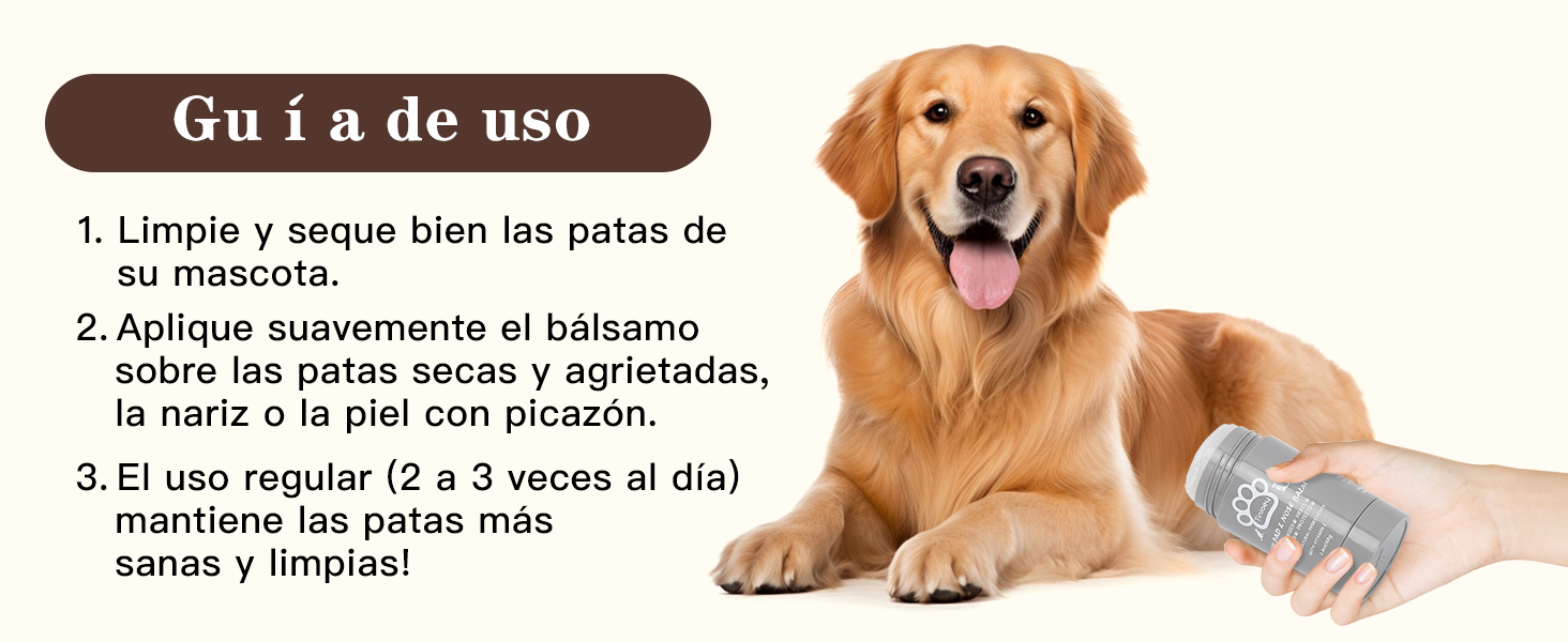 Cream Pads Dogs (68g), Natural and Safe. Protector Pads Dog, Nose and Elbows. Dogs Essential Accessories for Daily Care | Small Animal Health Articles 17 El texto dice «Guía de uso» (Guía de uso). Se muestra al perro Golden Retriever descansando sobre un fondo blanco, con instrucciones de texto visibles.