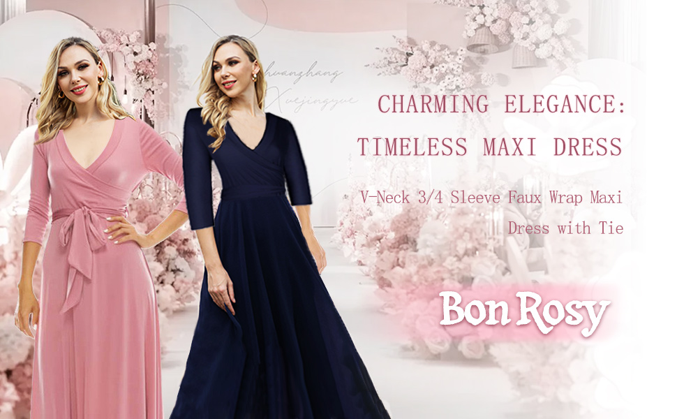 Bon Rosy Women's 3/4 Sleeve Deep V-Neck Maxi Faux Wrap Solid