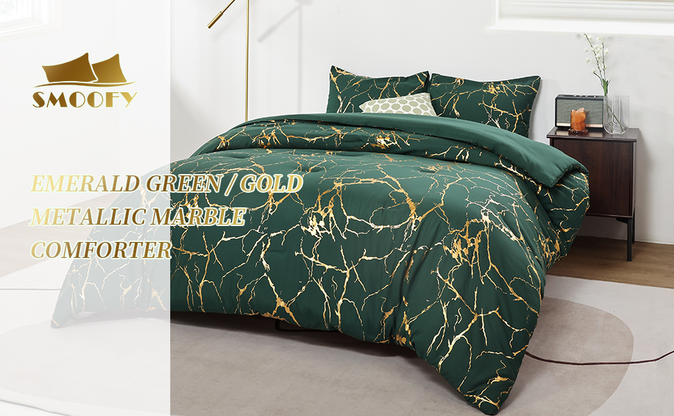 Smoofy Gold Emerald Green Comforter Twin Bed Set Marble