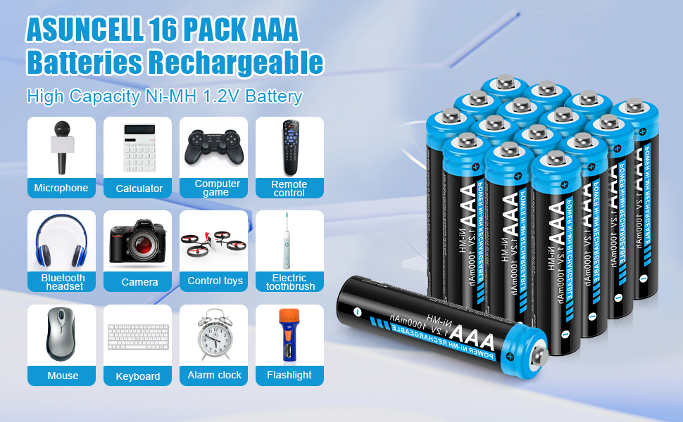 AAA Batteries Rechargeable 16 Pack, ASUNCELL 1.2V 1000mAh High Capacity