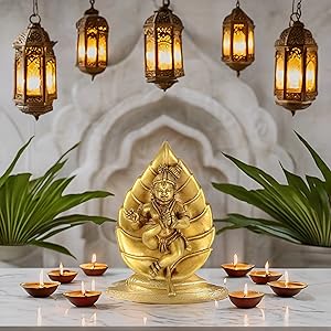 PARIJAT HANDICRAFT Brass Metal Lord Gane... 23 Brass Baby Krishna On Leaf Wall Hang Idol