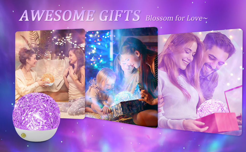Collage of romantic scenes with glowing orb lamps. Text reads 'AWESOME GIFTS Blossom for Love' on purple background.