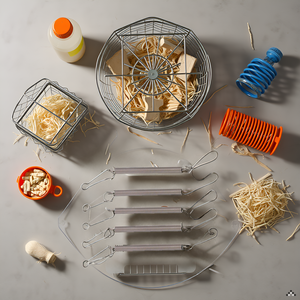 A cozy pet enclosure with a wooden floor and a water bottle securely held in place by the product.