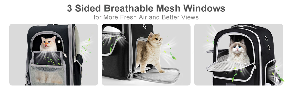 Three images of pet carriers with mesh windows, showing cats inside. Text '3 Sided Breathable Mesh Windows' at top.