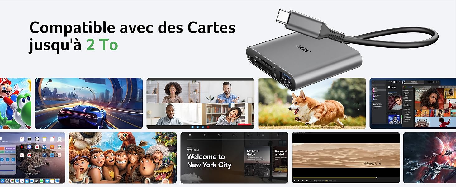 Le texte se lit comme suit : « Compatible avec des Cartes jusqu'à 2 To ». Rangée d'images miniatures montrant diverses scènes de contenu de jeu ou de divertissement.