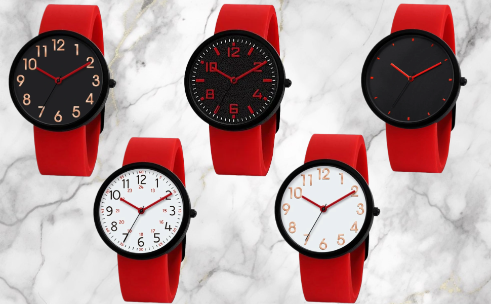 Serie digitaler Zifferblätter mit rotem und schwarzem Farbschema, die verschiedene Zeitanzeigen auf quadratischen Bildschirmen mit minimalistischem Design zeigen.