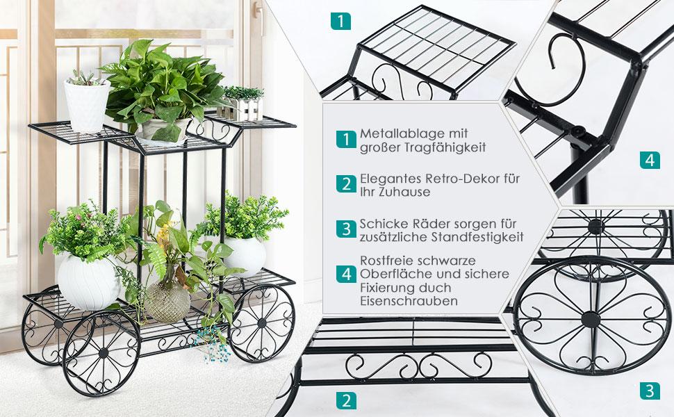 COSTWAY Pflanzenregal Metall, Blumenregal schwarz, Blumenständer mit 6