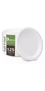 9 inch 125 pack plastic free disposable plates in white