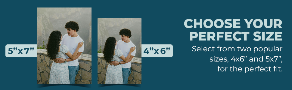 Two sizes. 5x7 inches and 4x6 inches.