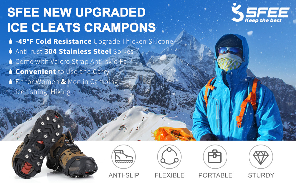 Sfee Crampons for Winter Boots, Upgraded Ice Cleats Stainless Steel