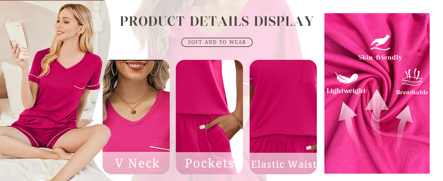 Ekouaer Pajamas Set for Women 2 Piece Sleepwear Short Sleeve Top and Shorts Soft V Neck Pjs