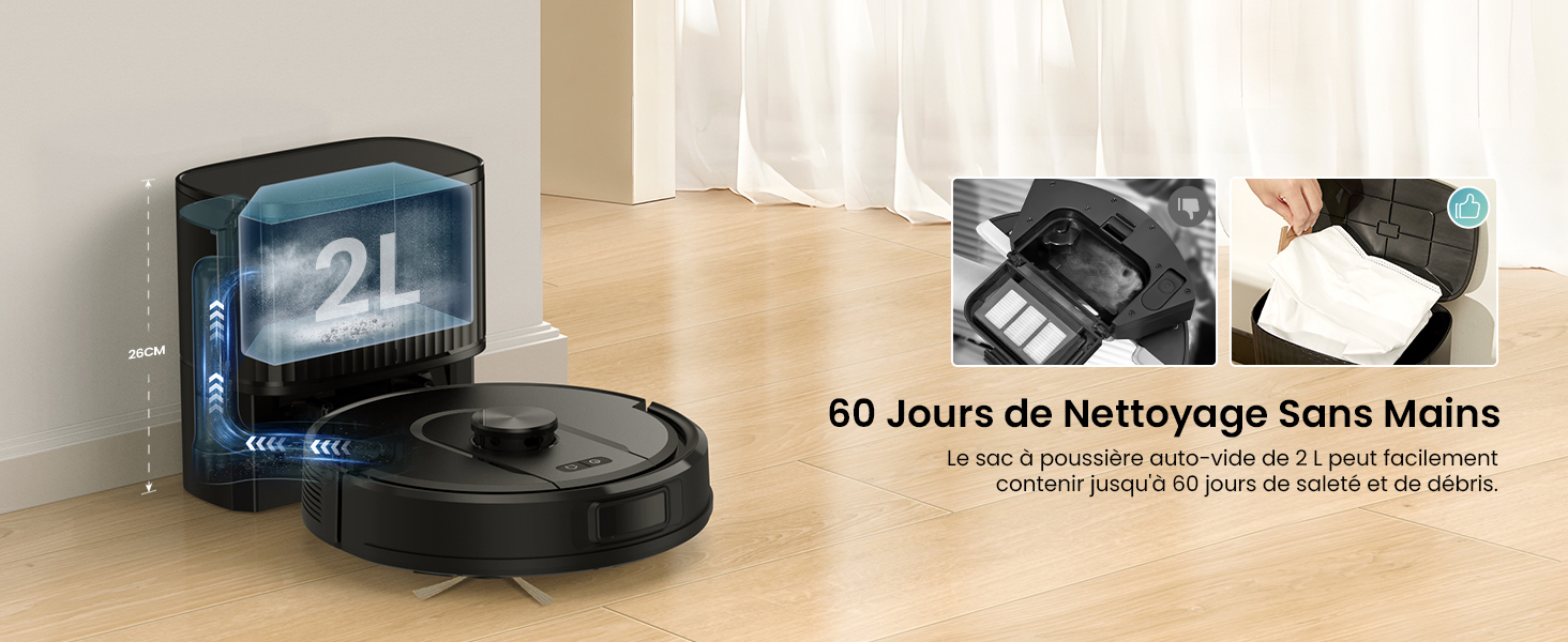 Série de photos rapprochées de produits montrant l'extérieur blanc et gris d'un aspirateur robot, avec des détails sur les brosses et les mécanismes de nettoyage.