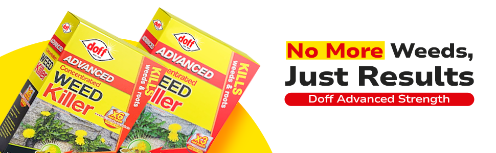 Two yellow packets of Doff Advanced Strength weed killer on a yellow background. Text reads 'No More Weeds, Just Results' emphasizing product effectiveness.