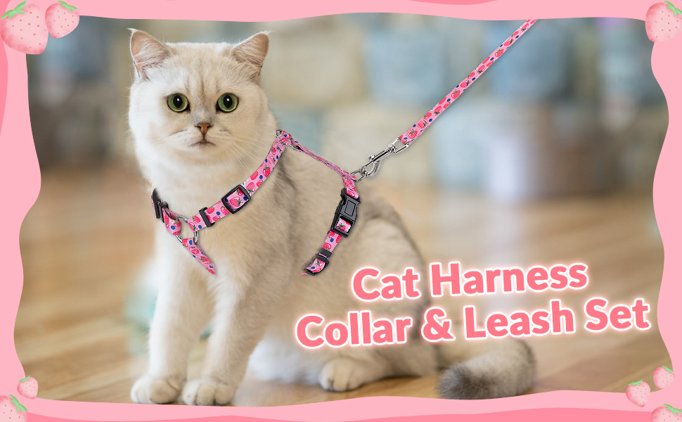 Lukovee Cat Harness and Leash Set with Collar, Strawberry