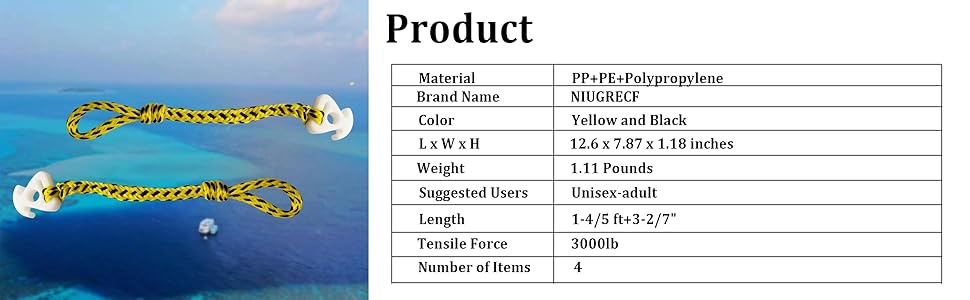 two ropes at left with the sea as the background, some product information at right