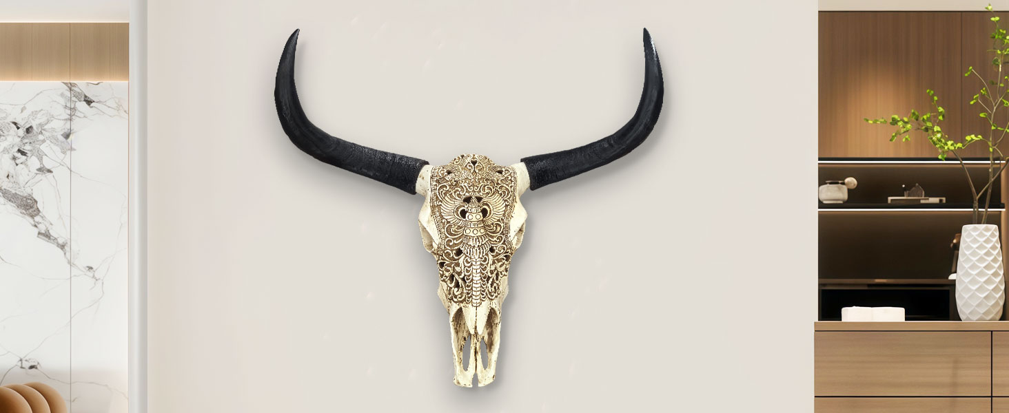 Large Black white Faux Cow Skull Wall Decor with Long Horns - Realistic Resin Bull Head Sculpture 