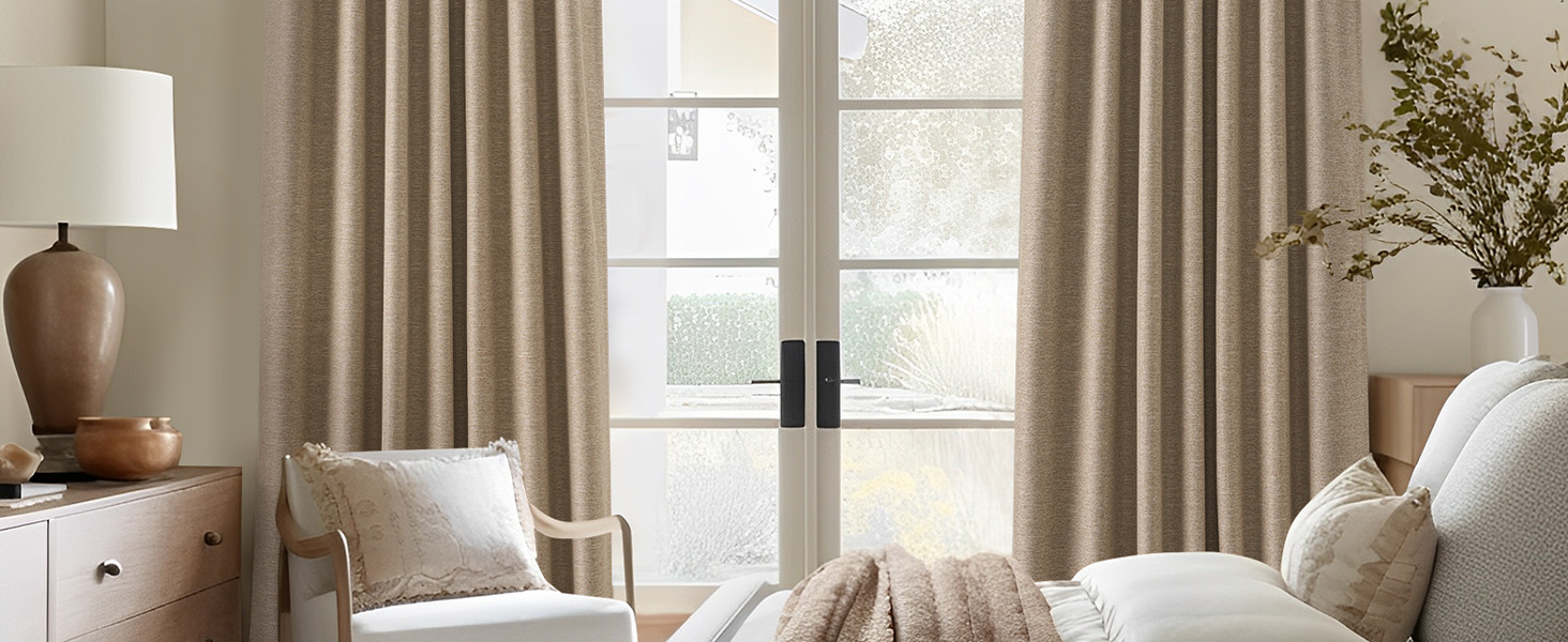 taupe burlap linen Blackout Curtains & Drapes 84 Inch Length 2 Panels Set,Flax Linen brown Tan Beige