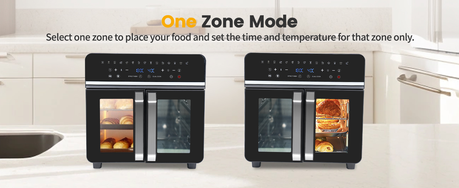 Dual-compartment cooking appliance with digital controls. 'One Zone Mode' feature allows independent temperature and time settings for each compartment.