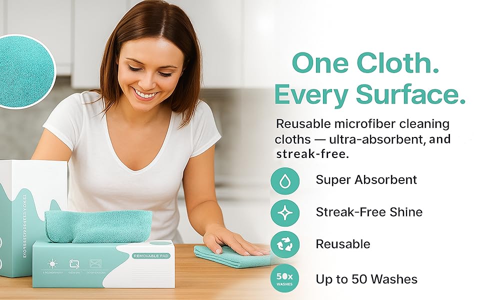 Woman happily using Homeze microfiber cloth in a kitchen, with product and cloths displayed.