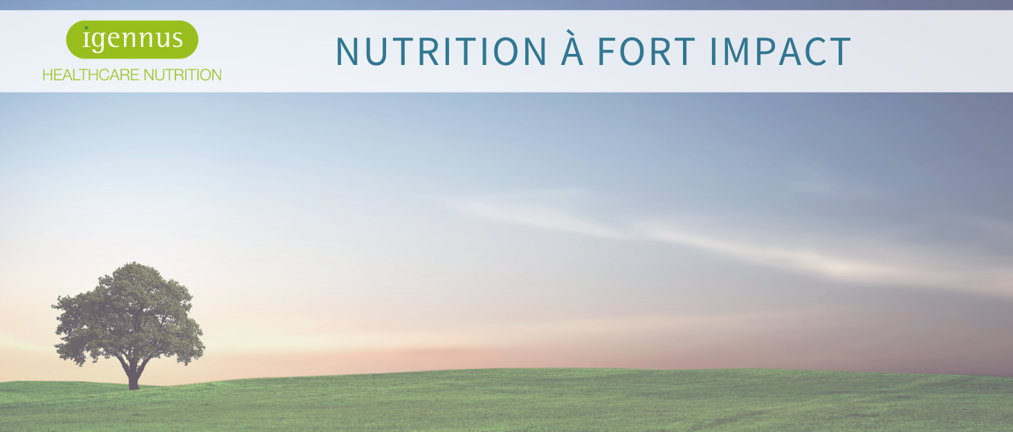 Image de paysage avec un arbre isolé dans un champ brumeux à l'aube ou au crépuscule. Le texte superposé indique « NUTRITION À FORT IMPACT » (Nutrition à fort impact