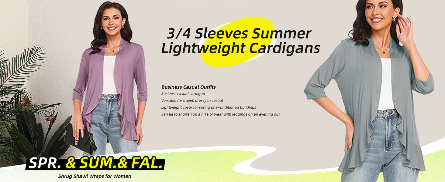 Women Cardigan 3/4 Sleeves Open Front Lightweight Cardigan Draped Ruffles Knit Cardigan