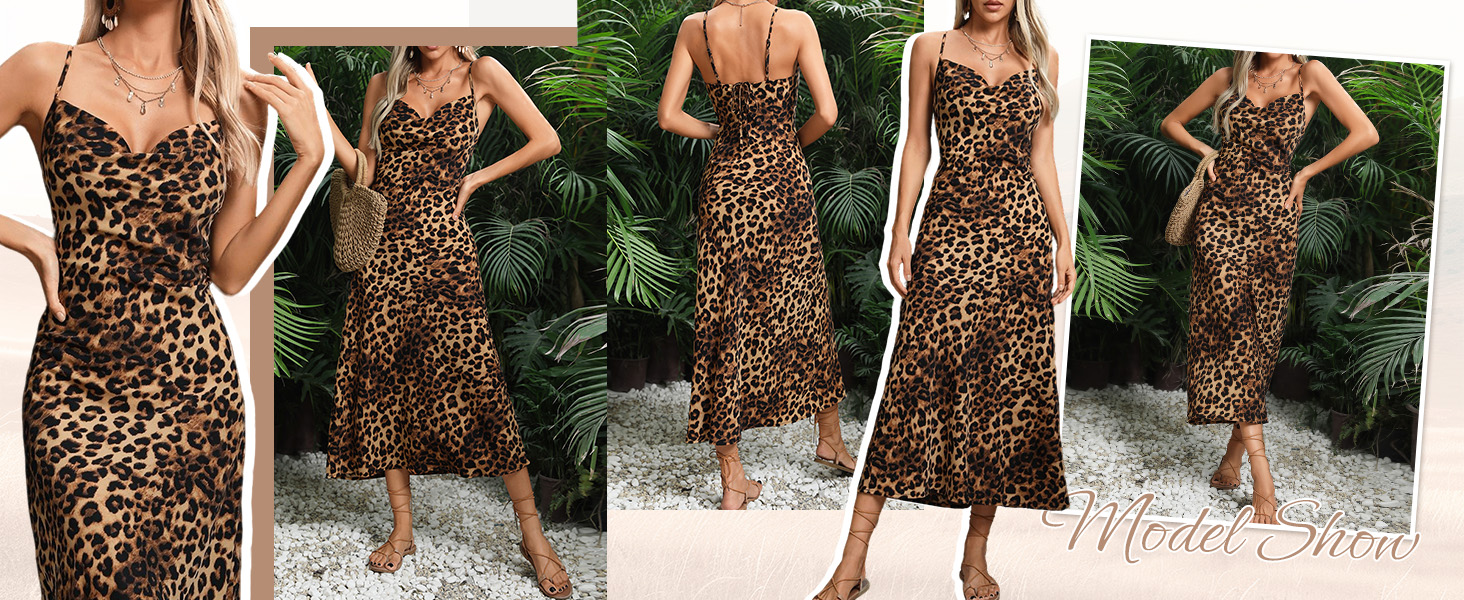 Floerns Women's Leopard Print Draped Collar Spaghetti Strap Cami Long Dress