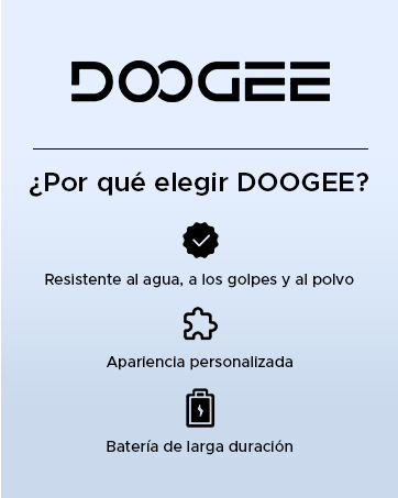 de DOOGEE que destaca tres características clave en español: resistencia al agua y al polvo, apariencia personalizada y batería de larga duración