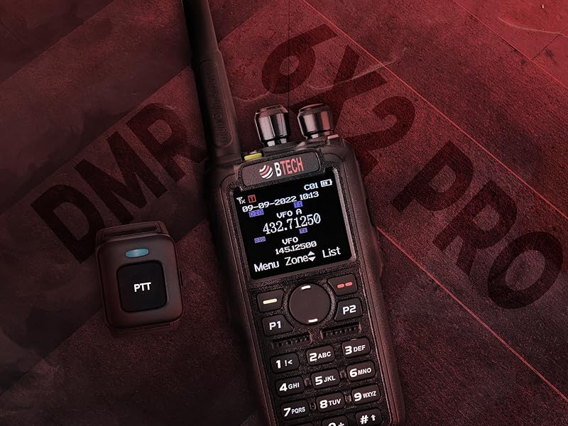 Close-up of the DMR-6X2 PRO radio and Bluetooth PTT button on a textured background.