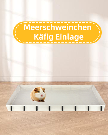 Meerschweinchengehege mit durchsichtigen Absperrungen und gelbem Textbanner mit der Aufschrift „Meerschweinchen Käfig Einlage“ oben.
