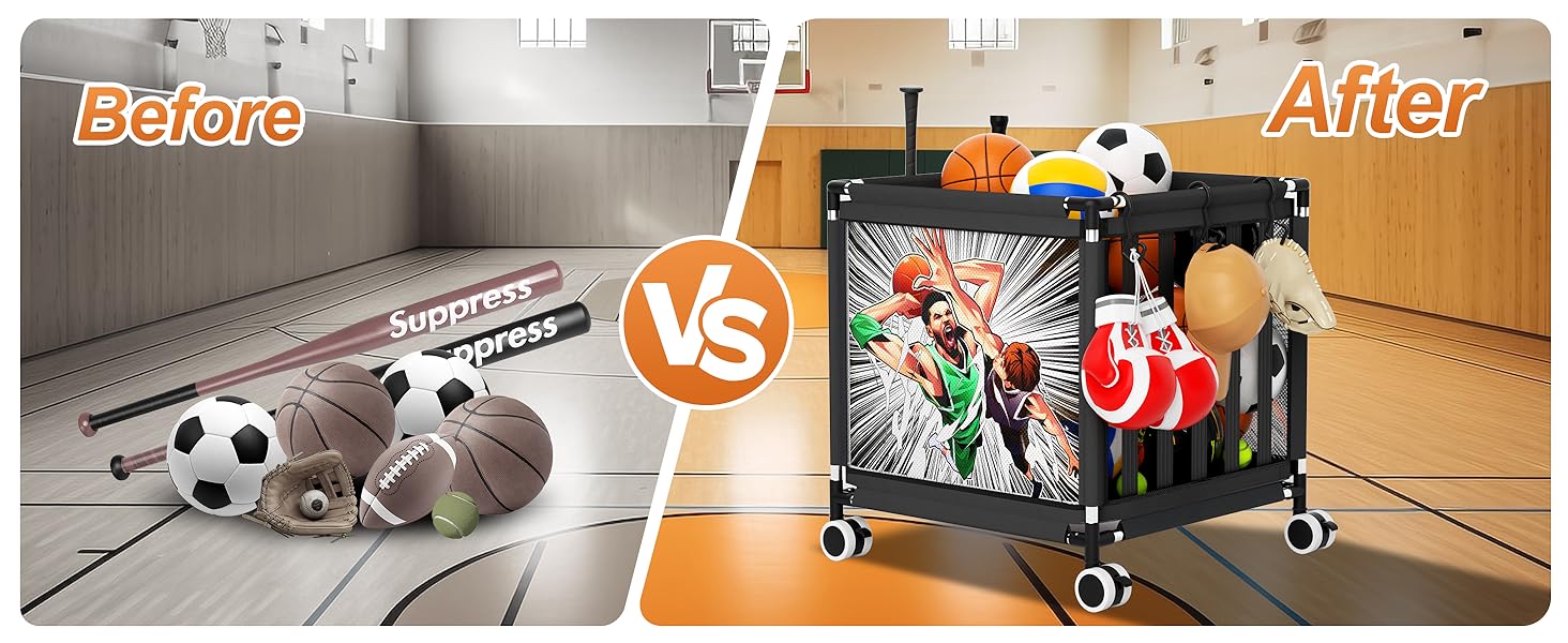 Garage Sports Ball Storage Cart Rolling Ball Storage Bin Ball Basket Storage Ball Cage