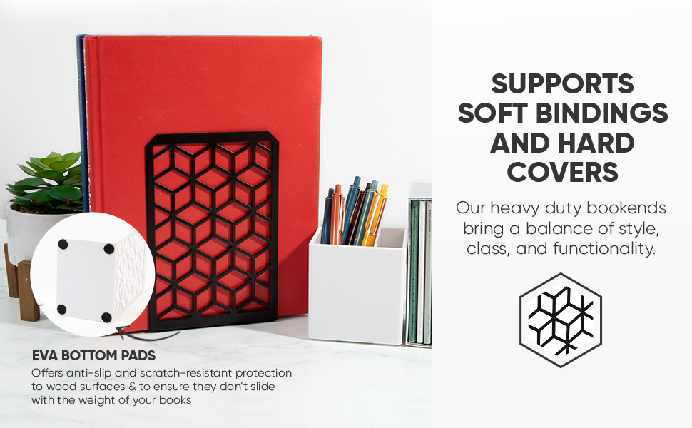 3D Metal Black Bookends for Heavy Books, Premium Boho Book