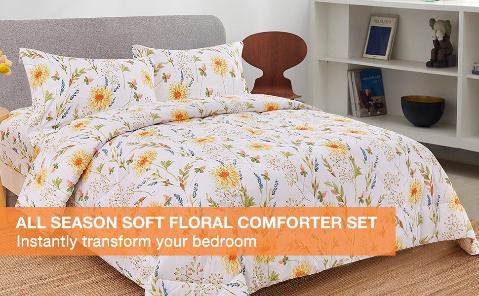 JSD 3 Piece Yellow Floral Print Comforter Set Queen Size, All Season