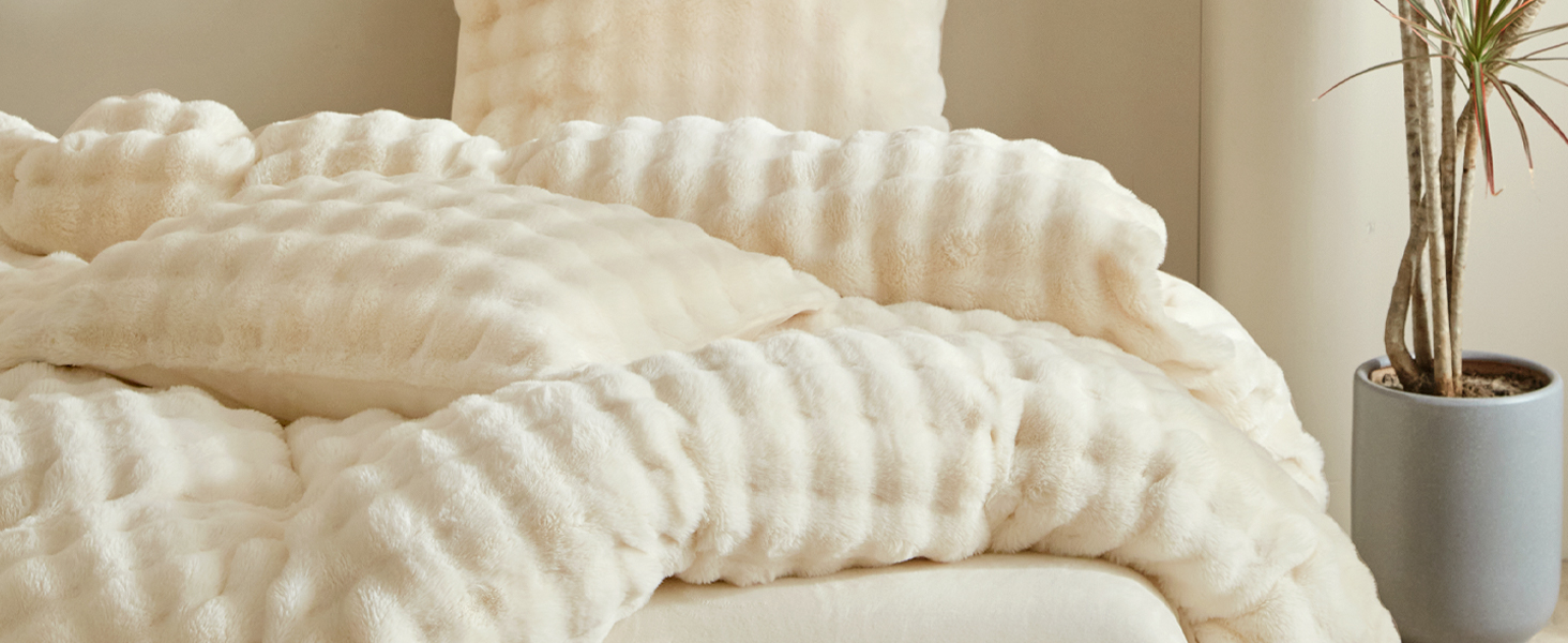 Lekesky Fluffy Double Duvet Cover Set, Green Fleece Duvet Cover Set Tufted Floral Bedding Set