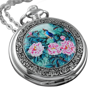 VIGOROSO Quartz Beautiful Peony Bird Enamel Painting Steampunk Silver Pocket Watches