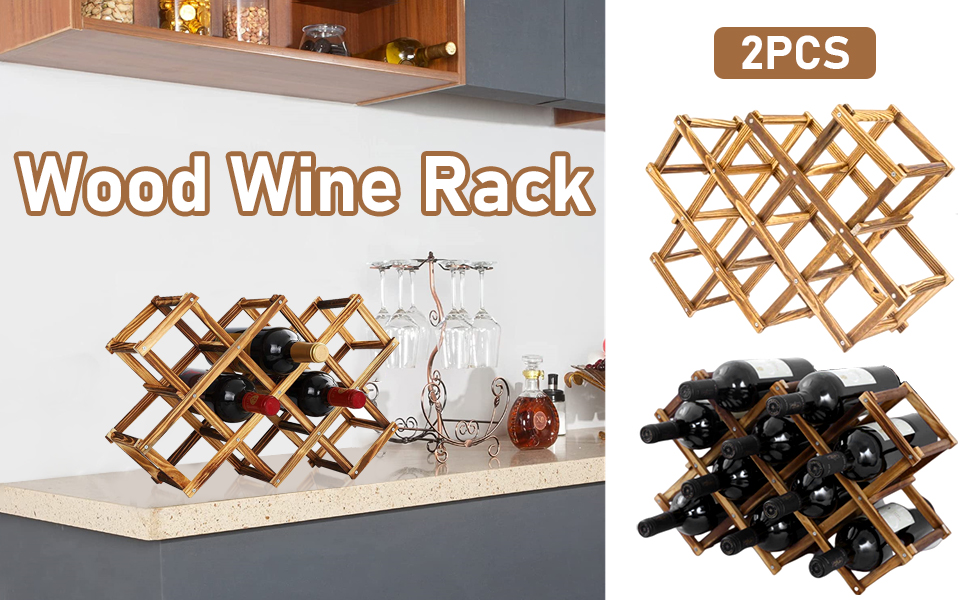 2 Pack Foldable Wood Wine Rack, Countertop Wine Rack Holder with 20