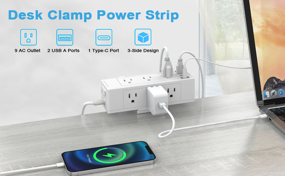 BTU 9 Outlets Desk Clamp Power Strip with USB C Port