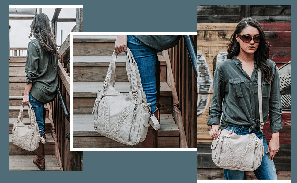 beige washed leather handbag and purse