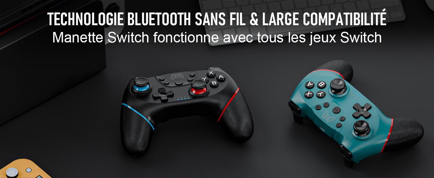 Deux manettes de jeu sans fil pour Nintendo Switch : une noire avec des accents rouges et bleus, et une bleue et noire. Les deux sont dotés d'une disposition de boutons standard et d'un design ergonomique
