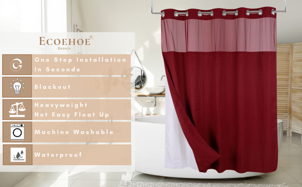 Ecoehoe Extra Long Waffle Weave Fabric Shower Curtain No Hooks Burgundy