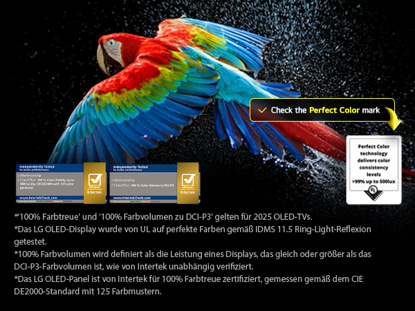 Papagei vor schwarzem Grund zeigt die lebendigen, kräftigen Farben von Perfect Color.