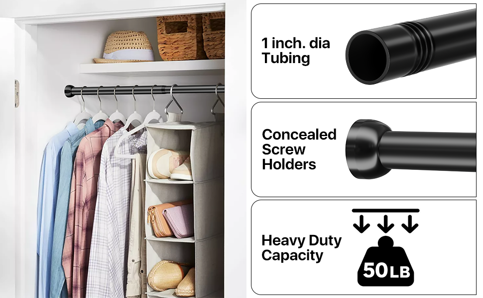 Closet Rod Adjustable with Socket, 28 to 40 inch Steel Rod for Closet, Tension