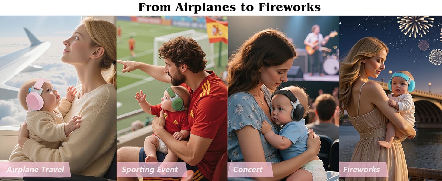 Our ear muffs include a carry pouch, perfect for airplane travels, sports event, concert, fireworks