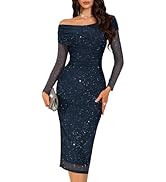 BeryLove Womens Long Sleeve Off Shoulder Formal Wedding Guest 2025 Mesh Sequin Dress