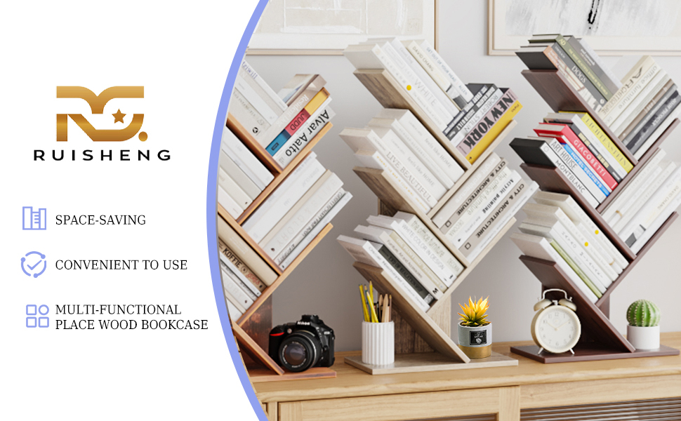 R RUISHENG 4 Shelves Wood Tree Bookcase, Retro Floor