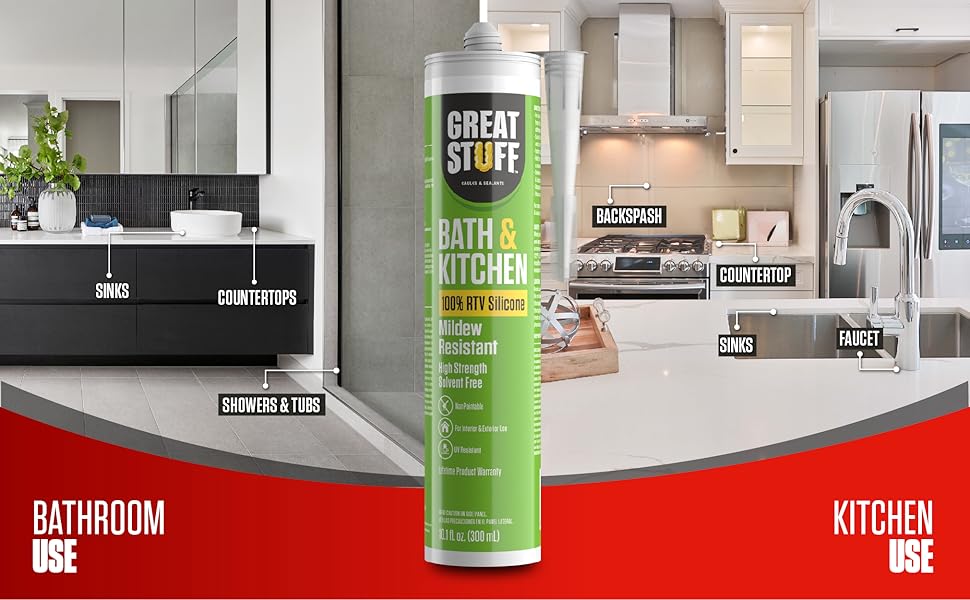 Great Stuff 100 Silicone Caulk Clear RTV Silicone Sealant for Bathroom and Kitchen, Shower