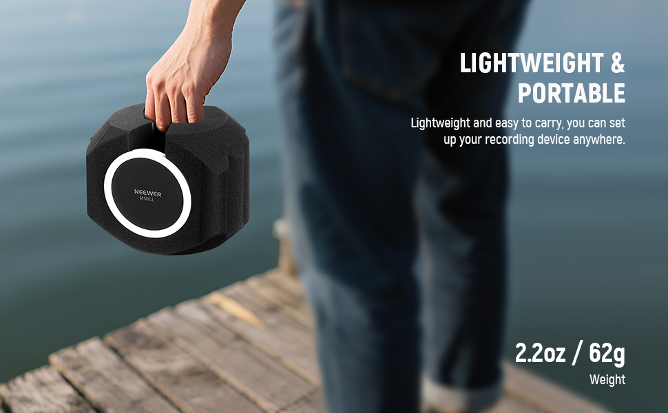 Text reads 'LIGHTWEIGHT & PORTABLE' along with '2.2oz / 62g'. Shows dark flooring or surface context.