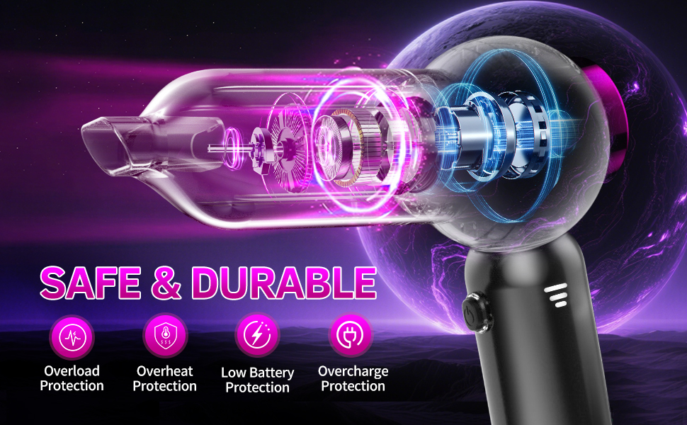 A Safe and Durable Vacuum Cleaner with 4 Protections (Overload /Overheat /Low Battery /Overcharge)