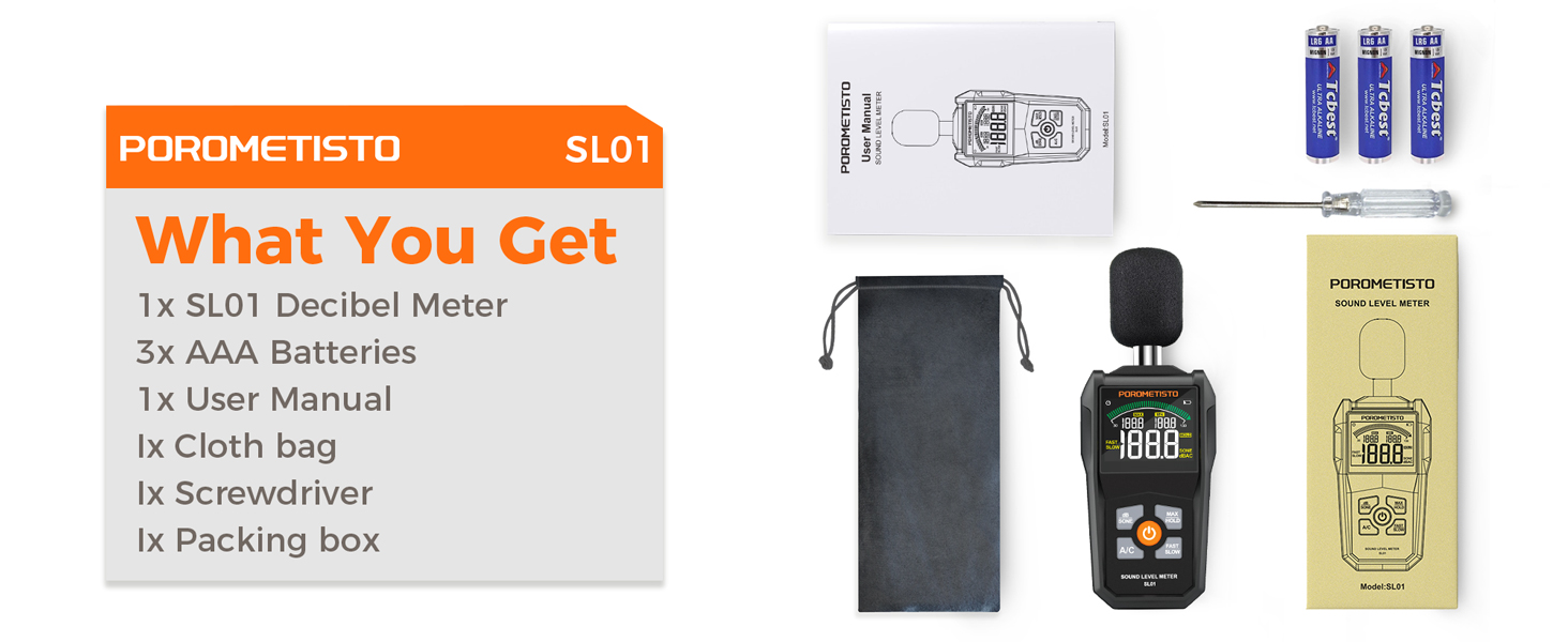 What You Get:SLO1 Decibel Meter、3x AAA Batteries 、User Manual、Cloth bag 、Screwdriver、Packing box